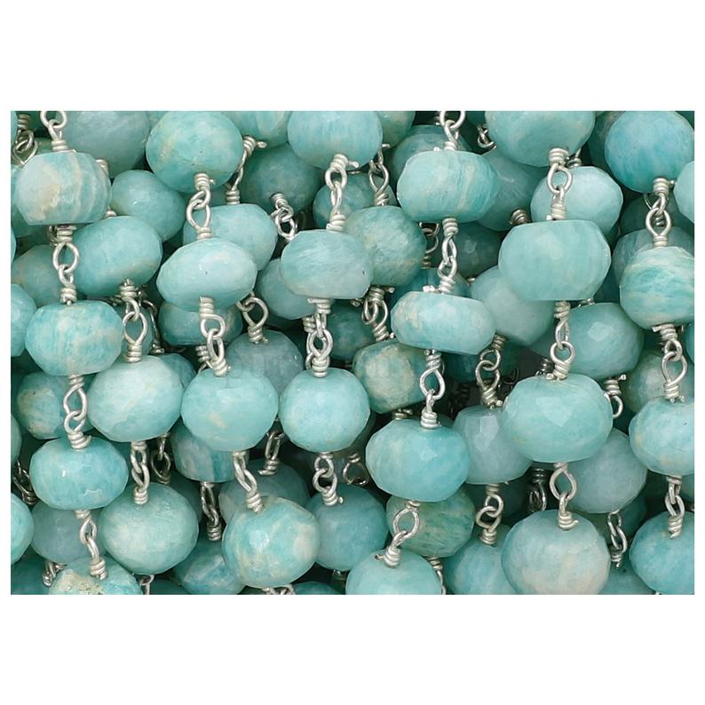 Amazonite Faceted Rondelle Brass Silver Plated Wire Wrapped Chain Sold by Foot