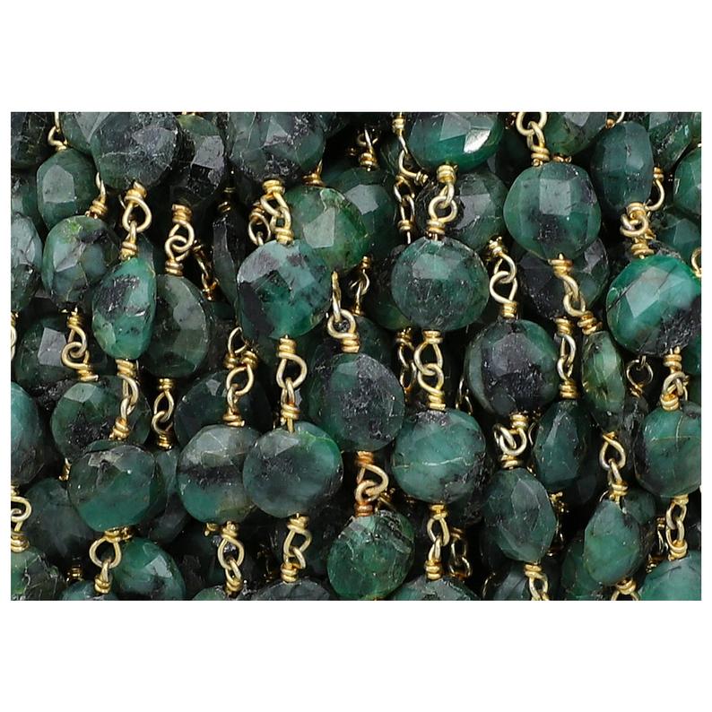 Raw Emerald Faceted Coin Brass Gold Plated Wire Wrapped Chain Sold by Foot