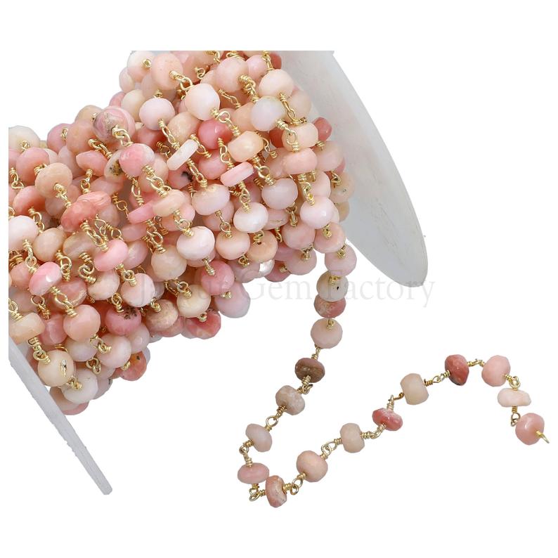 Pink Opal 7 MM Faceted Rondelle Brass Gold Plated Wire Wrapped Chain Sold by Foot