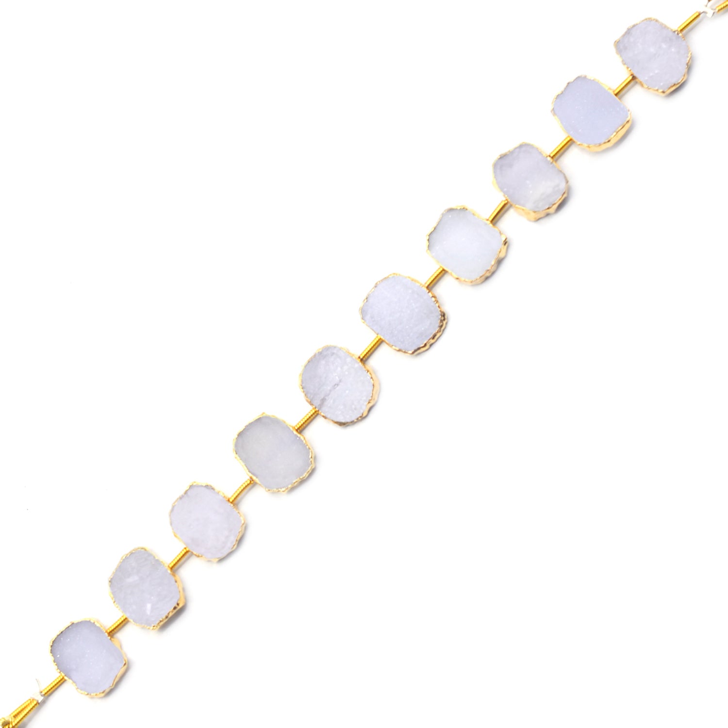 White Druzy Rectangle Shape Coin Drilled Gold Electroplated Strand