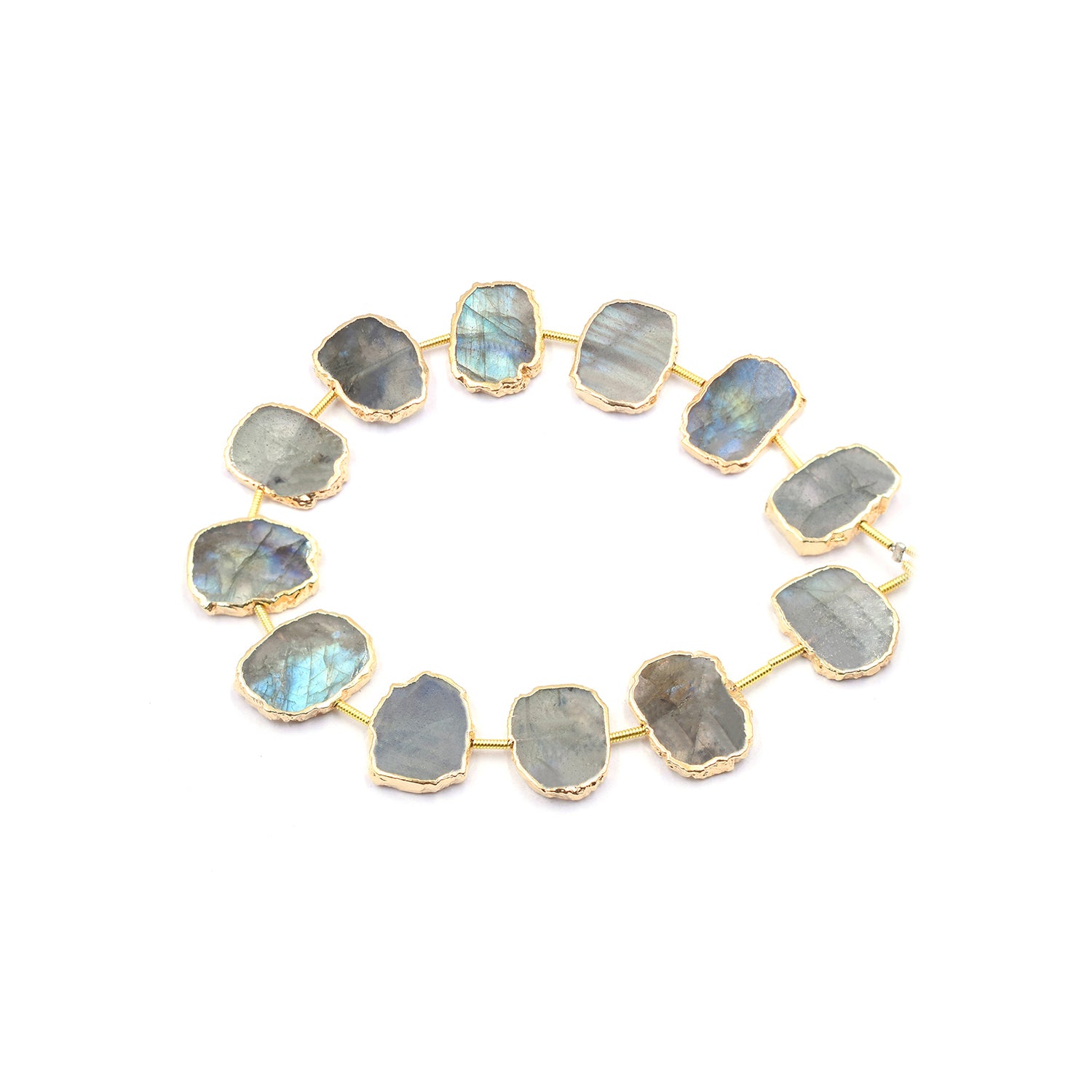 Labradorite Uneven Shape Coin Drilled Gold Electroplated Strand