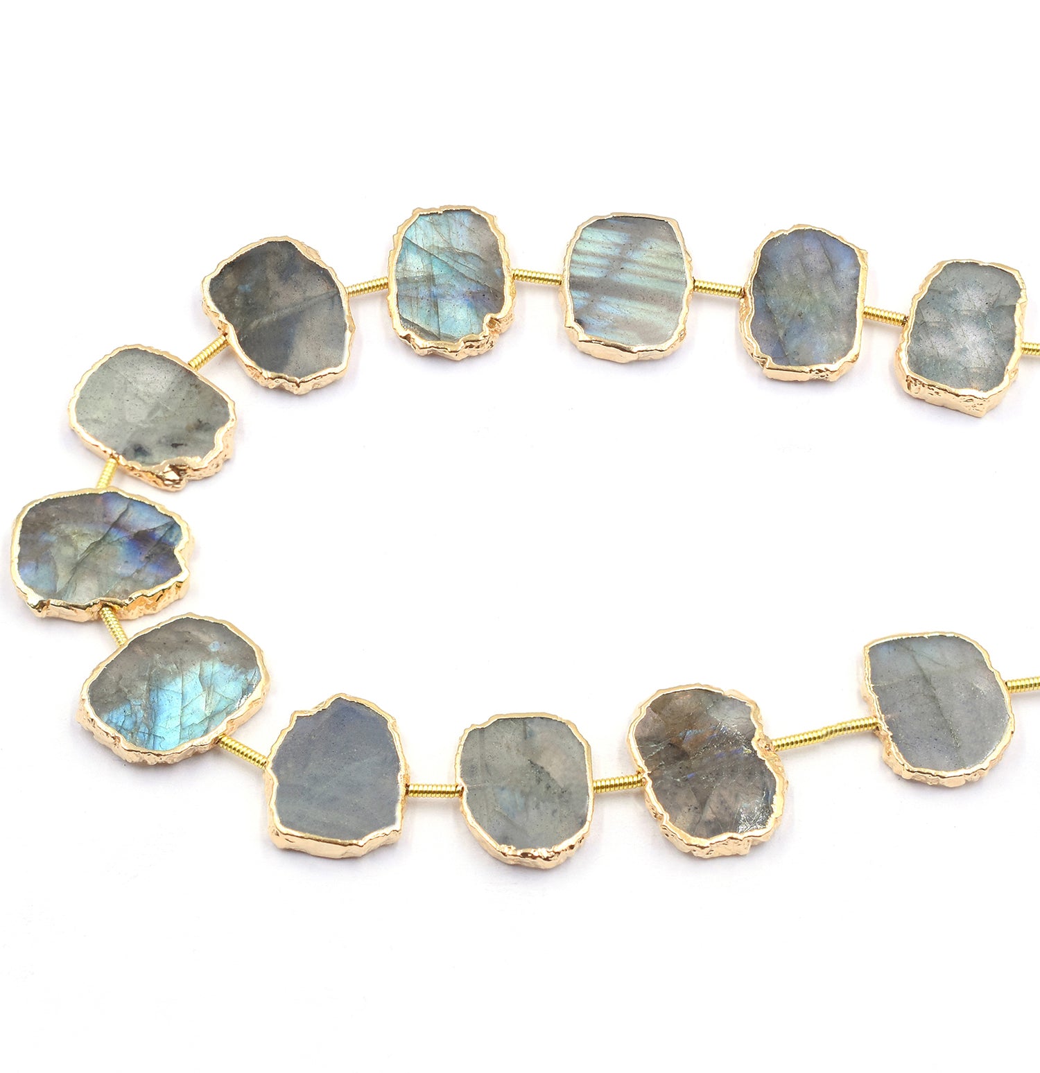 Labradorite Uneven Shape Coin Drilled Gold Electroplated Strand