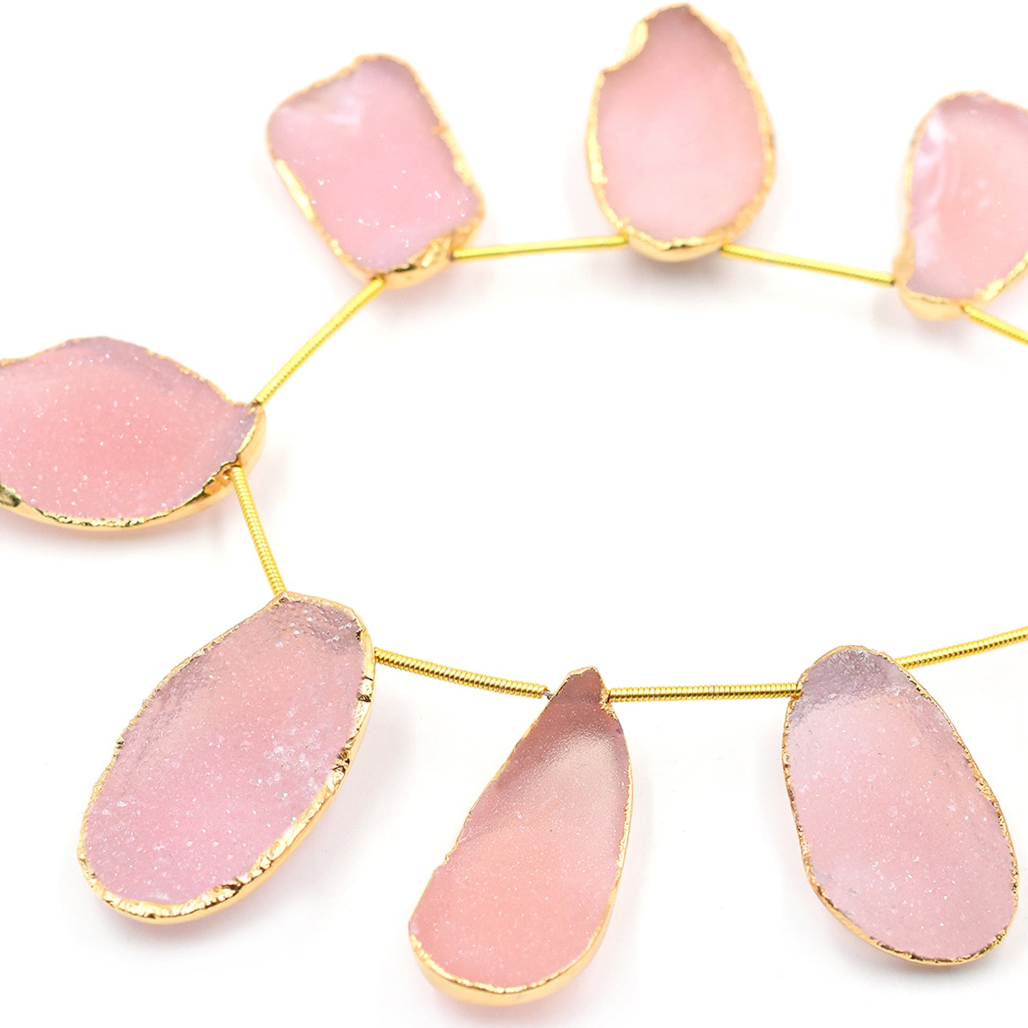 Pink Druzy Uneven Shape 26x18 MM Side Drilled Gold Electroplated Strand