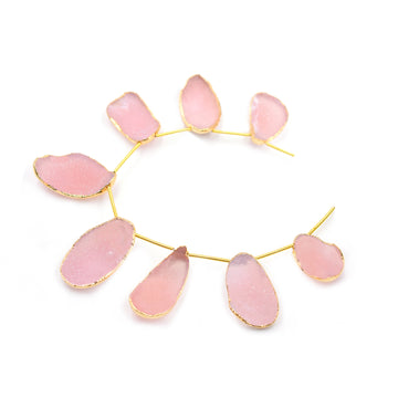 Pink Druzy Uneven Shape 26x18 MM Side Drilled Gold Electroplated Strand