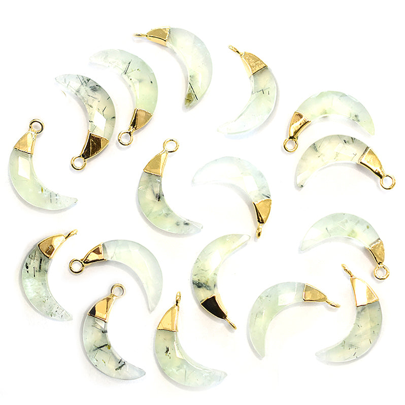 Prehnite Moon Shape 12 x 5 MM Gold Electroplated Pendant (Set Of 2 Pcs)