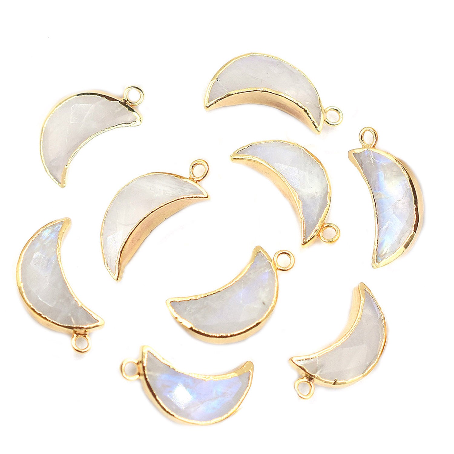 Rainbow Moonstone Moon Shape 12 x 5 MM Gold Electroplated Pendant (Set Of 2 Pcs)