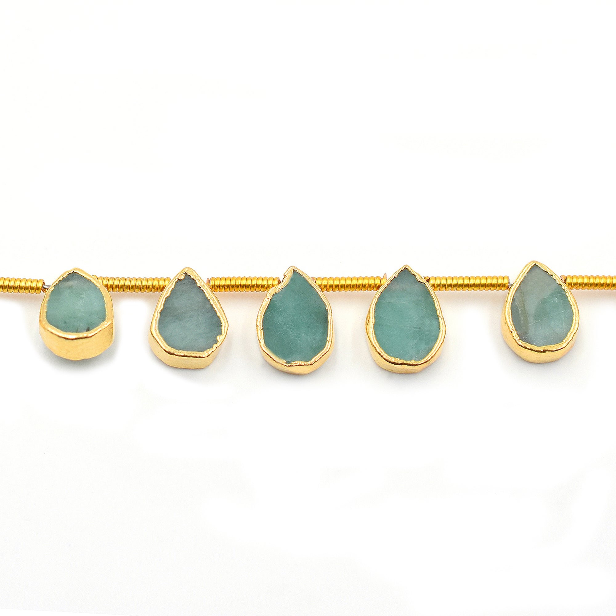 Raw Emerald Pear Shape 6x5 MM Side Drilled Gold Electroplated Strand