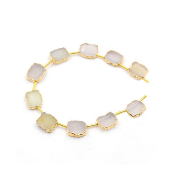 White Druzy Rectangle Shape 12x9 MM Side Drilled Gold Electroplated Strand