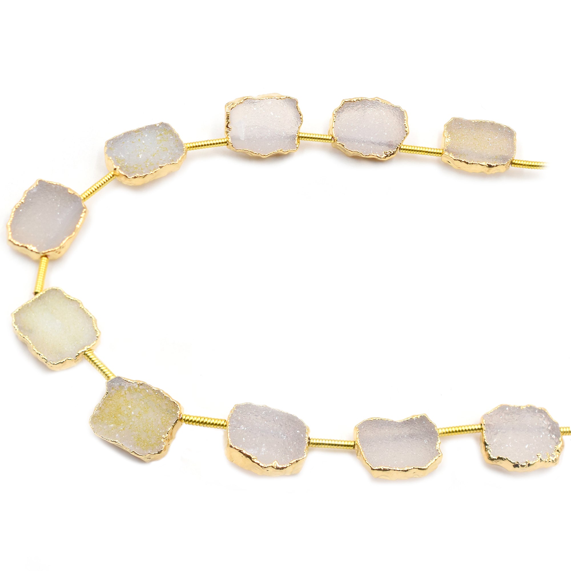 White Druzy Rectangle Shape 12x9 MM Side Drilled Gold Electroplated Strand