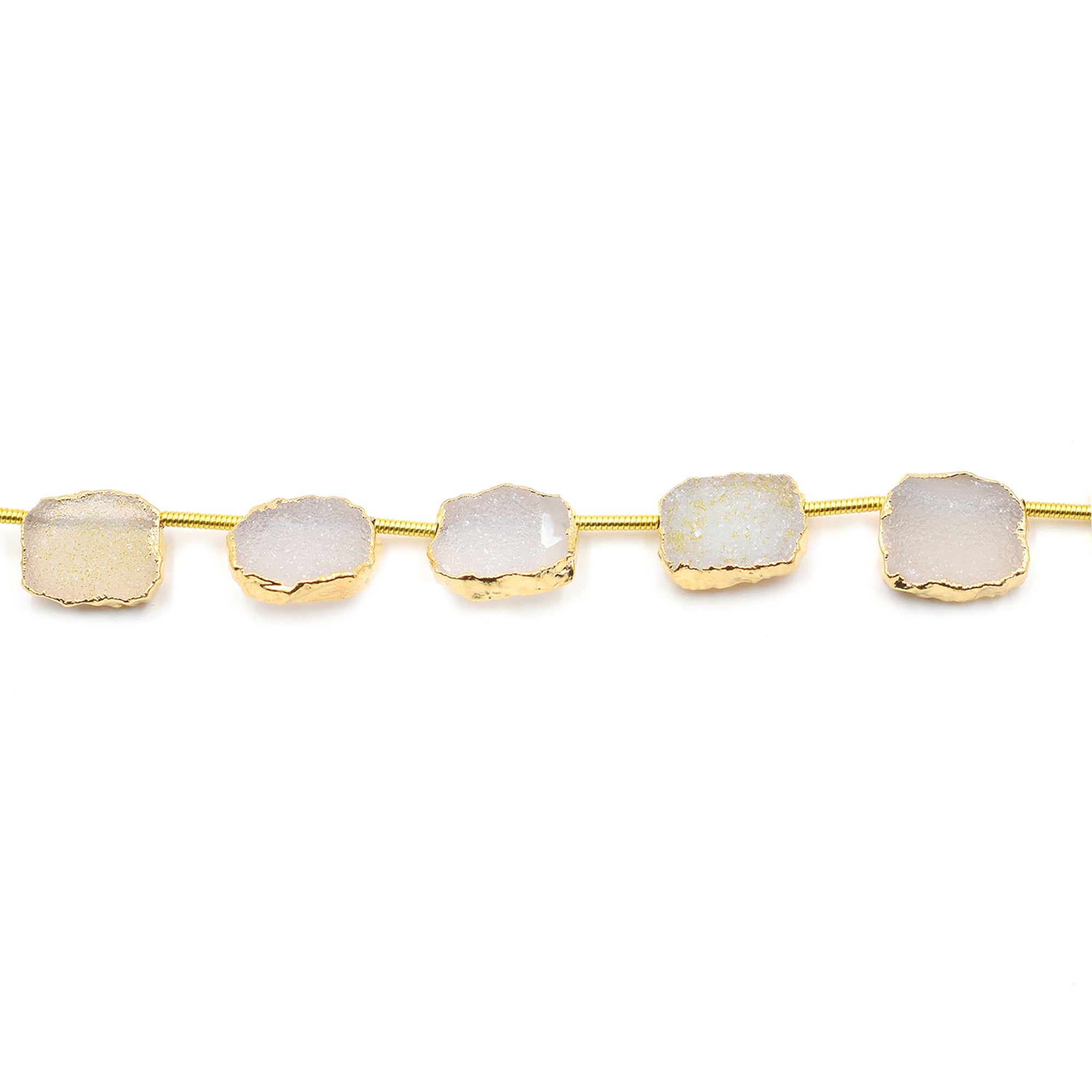 White Druzy Rectangle Shape 12x9 MM Side Drilled Gold Electroplated Strand