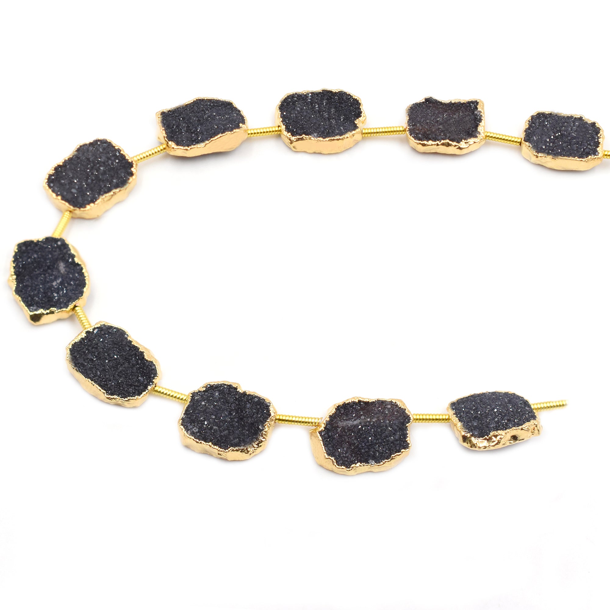 Side drilled black druzy stones with gold electroplating