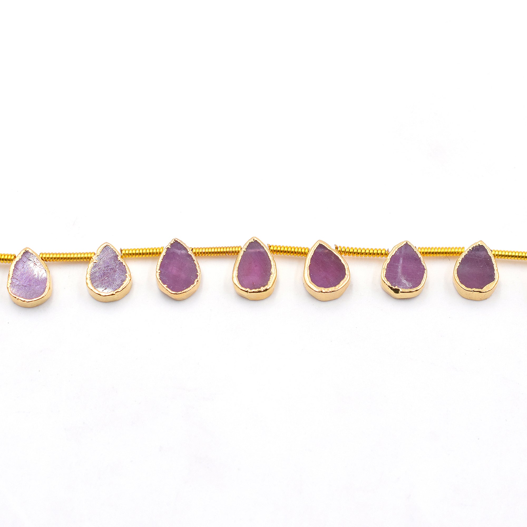 Ruby Corundum Pear Shape Side Drilled Gold Electroplated Strand