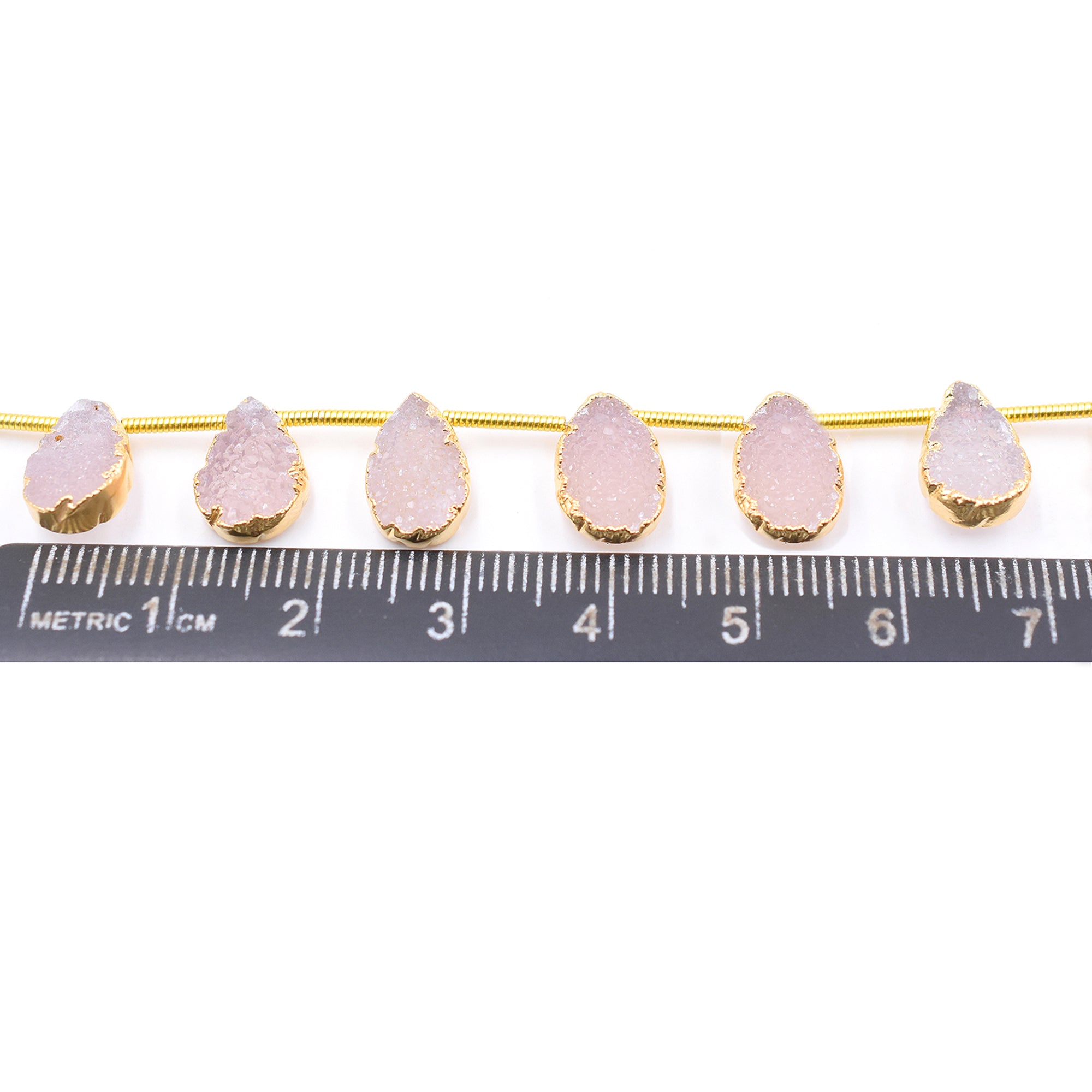 Pink Druzy Pear Shape 12x7 MM Side Drilled Gold Electroplated Strand