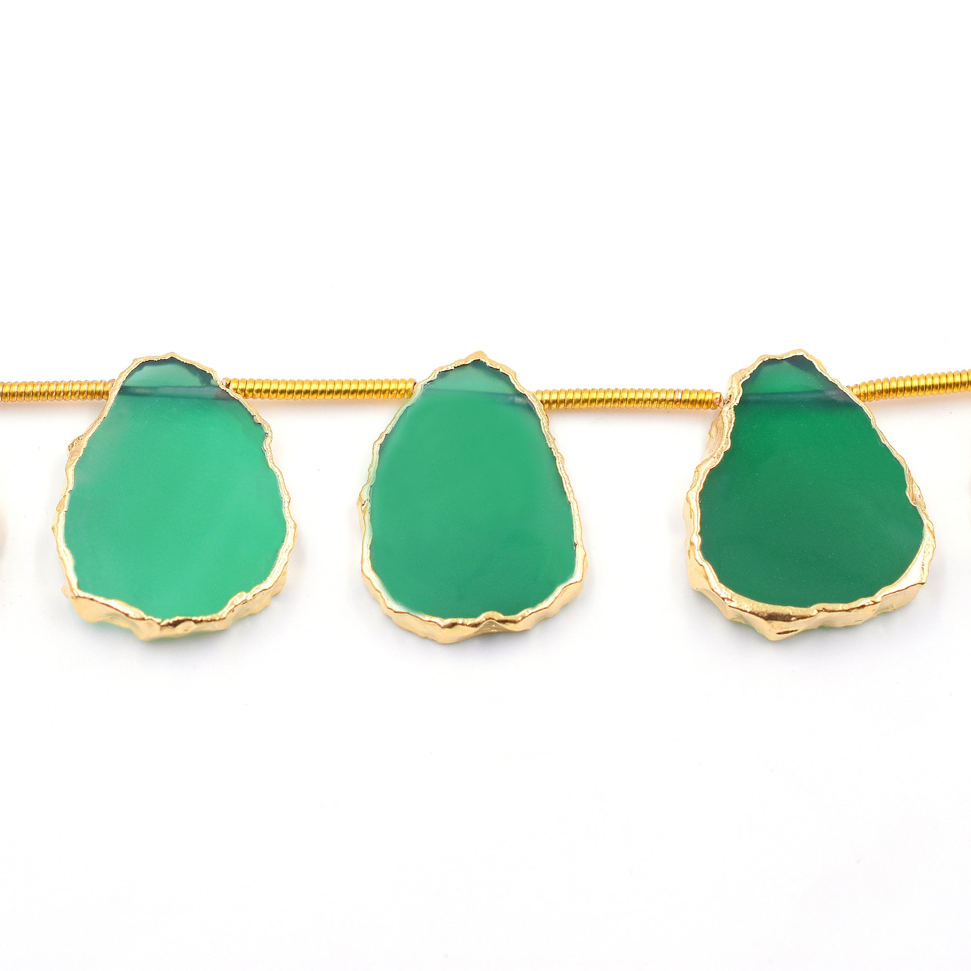 Side drilled Green Onyx beads uneven shape gold finish