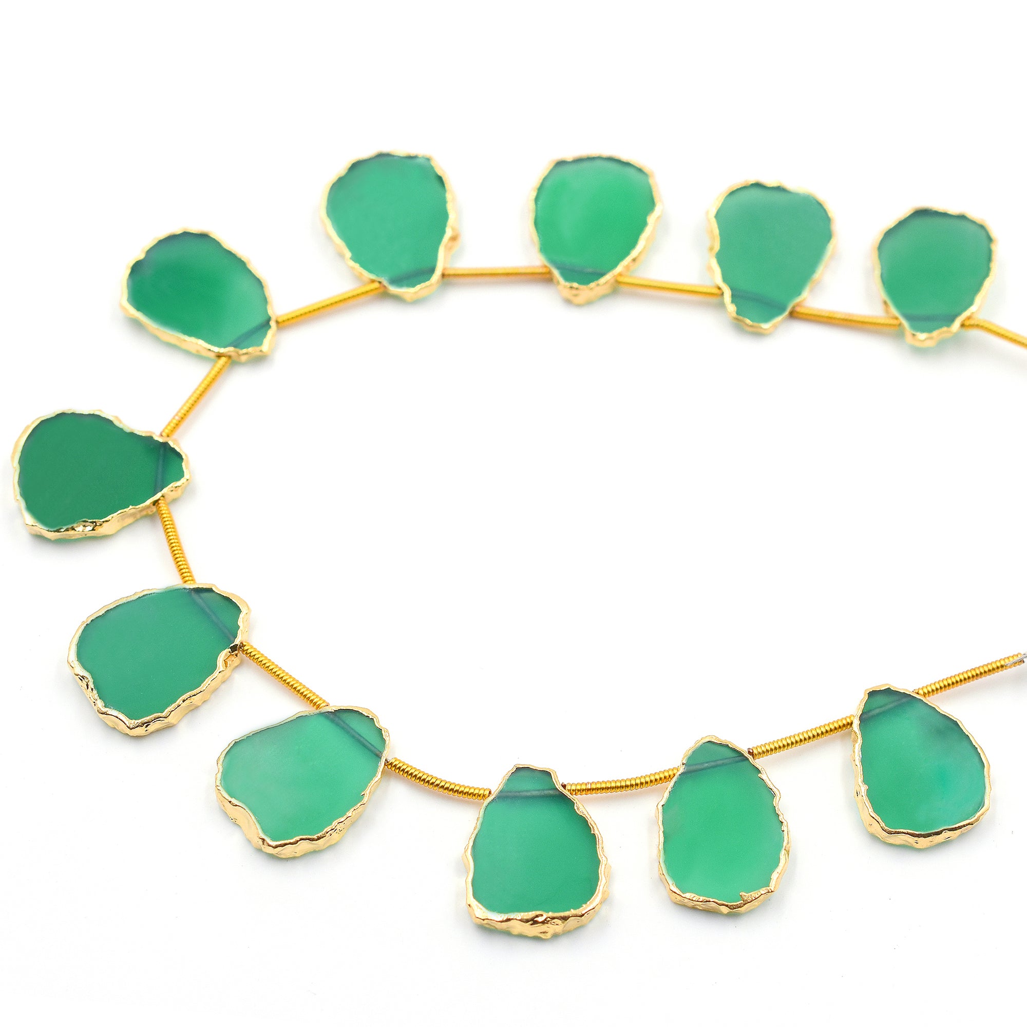 Side drilled uneven shaped Green Onyx with gold plating