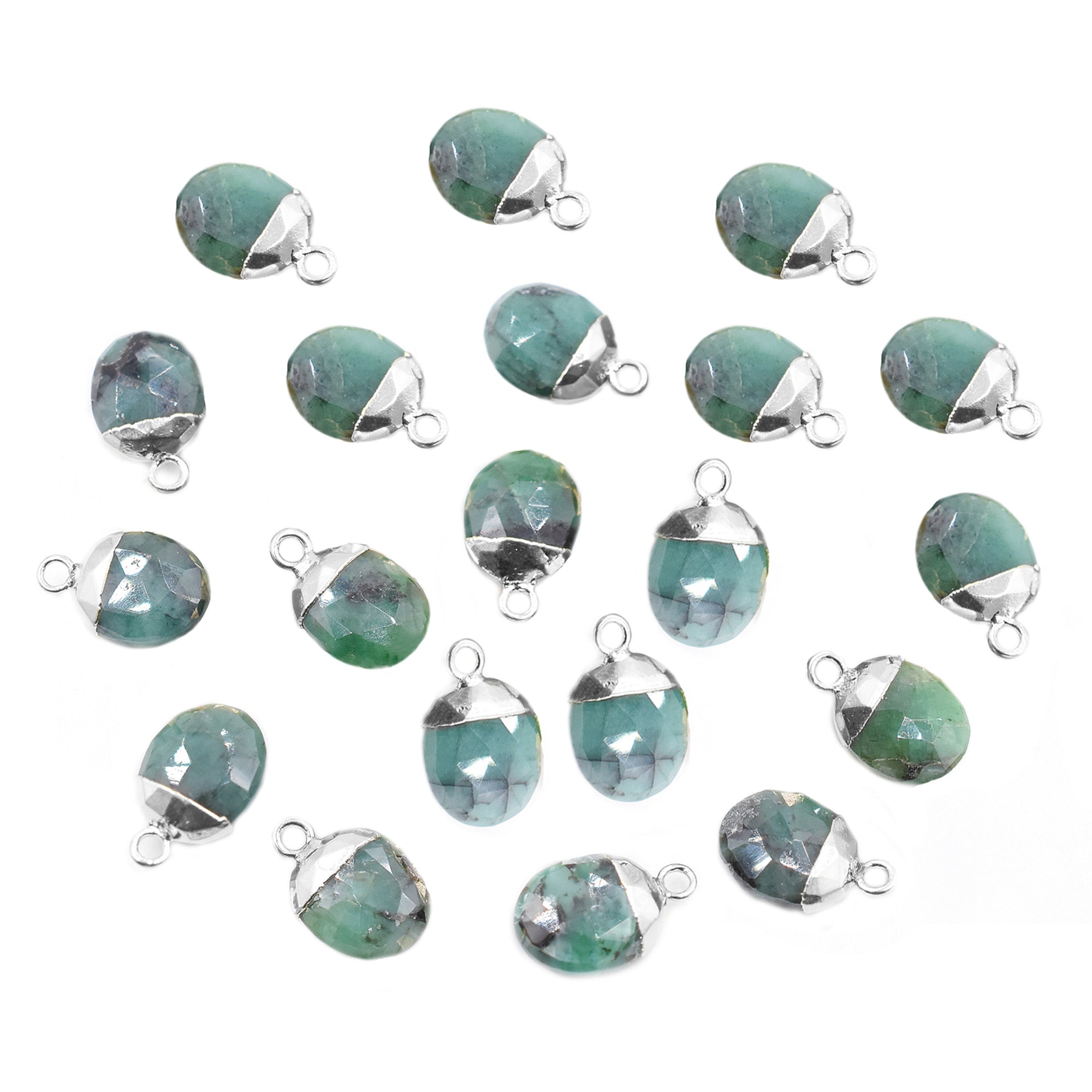 Raw Emerald Silver Oval Shape 10 x 8 MM Silver Electroplated Pendant (Set Of 2 Pcs)