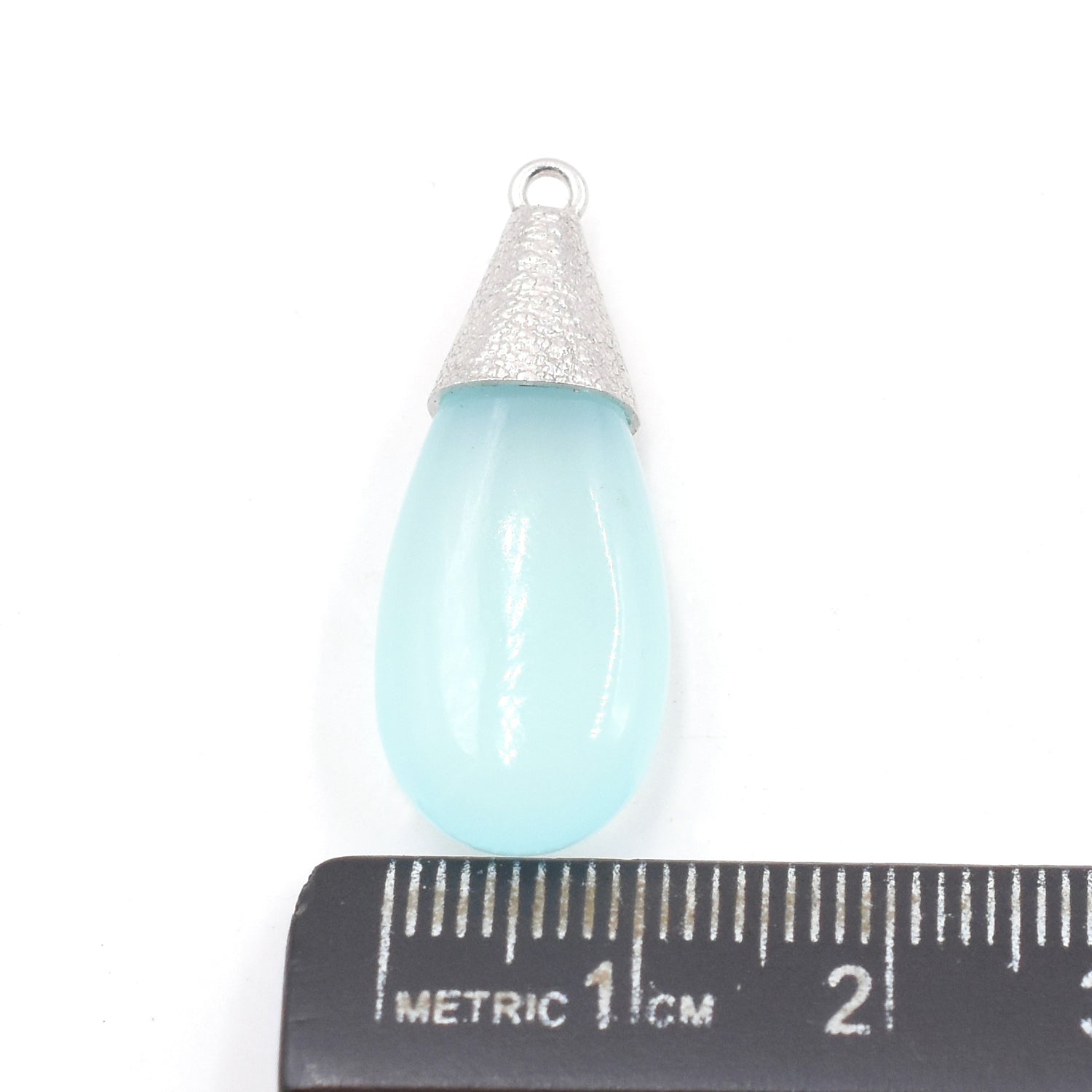 Aqua chalcedony elongated drop pendant in silver plate