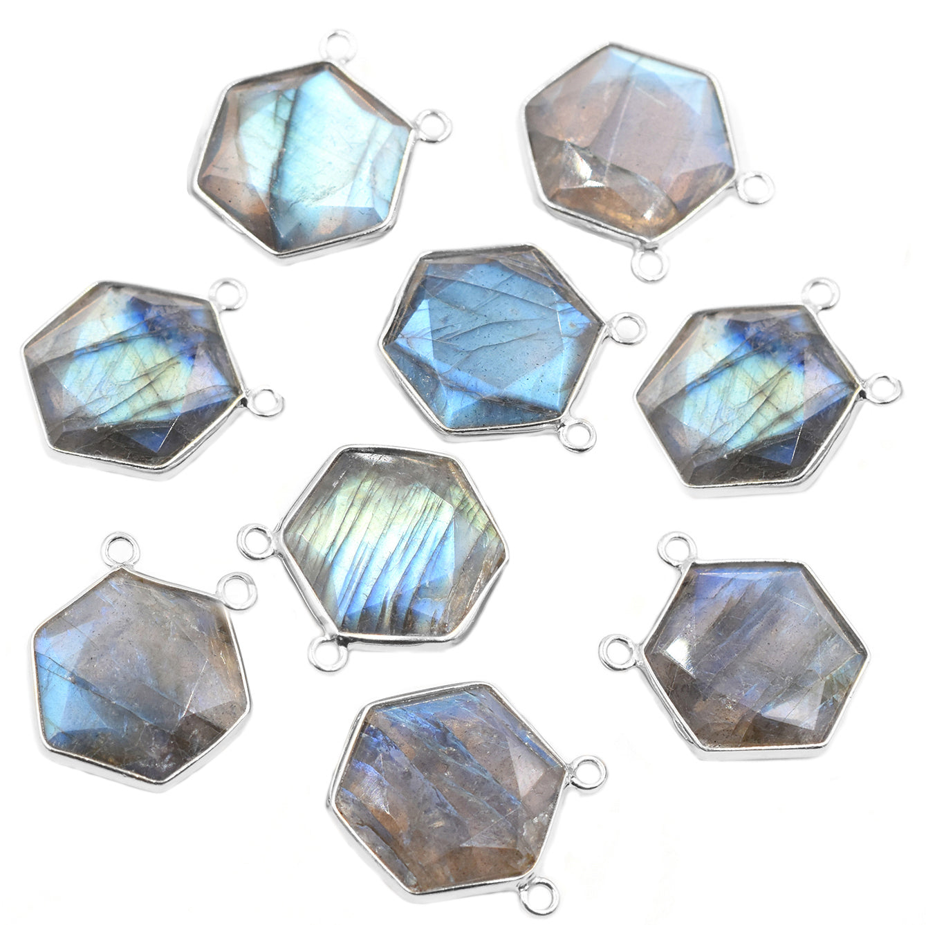 Hexagon-shaped labradorite set in silver plated pendant