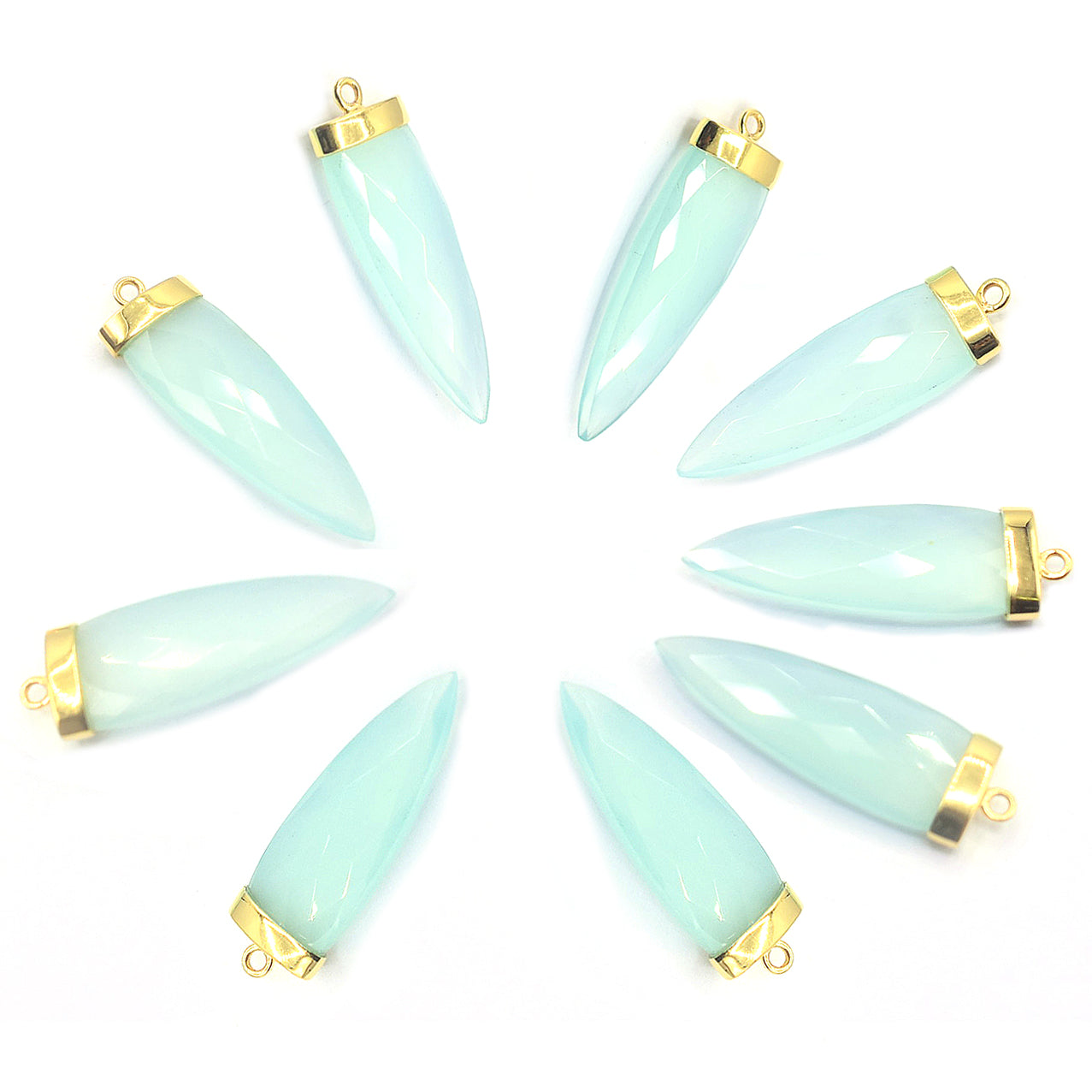 Arrow-shaped aqua chalcedony set in silver vermeil pendant