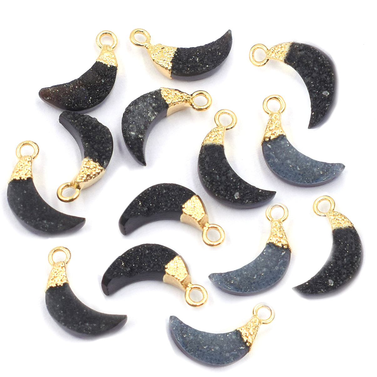 Side drilled black druzy stones with gold electroplating