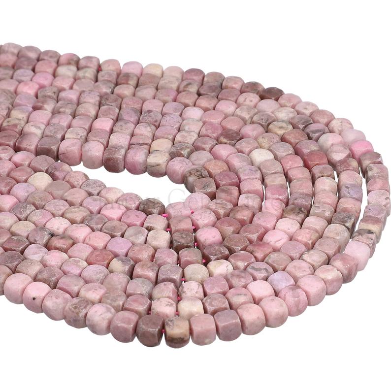 4X4 MM Pink Rhodonite Faceted Cube Shape Beads Strand