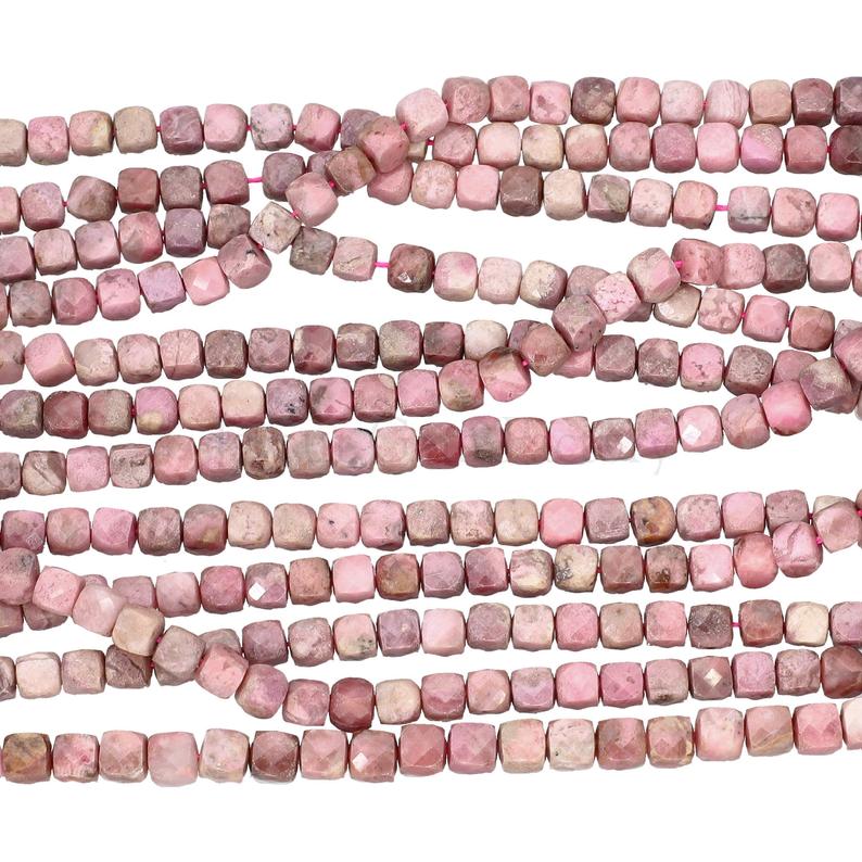 4X4 MM Pink Rhodonite Faceted Cube Shape Beads Strand