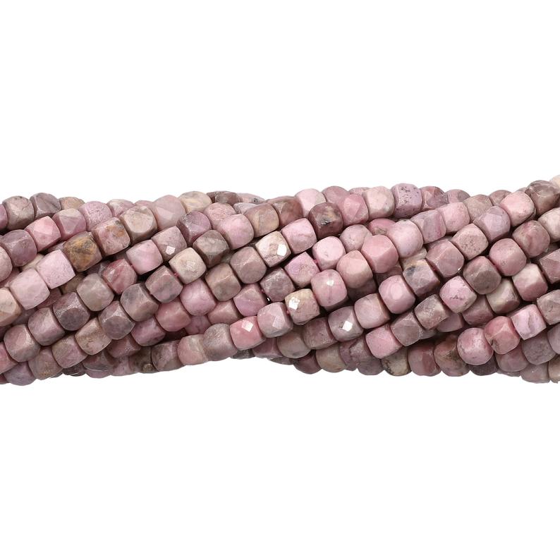 4X4 MM Pink Rhodonite Faceted Cube Shape Beads Strand