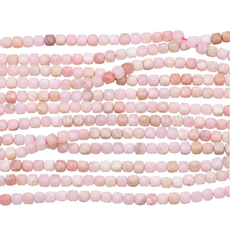 4X4MM Pink Opal Faceted Cube Shape Beads Strand