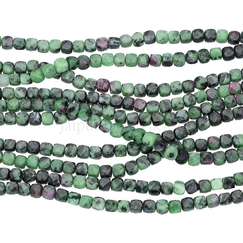 4X4 MM Ruby Zoisite Faceted Cube Shape Beads Strand