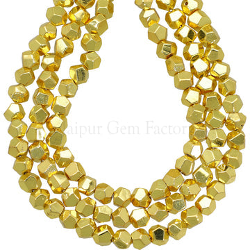 6 To 7 MM Gold Plated Pyrite Faceted Nuggets Beads 16 Inches Strand