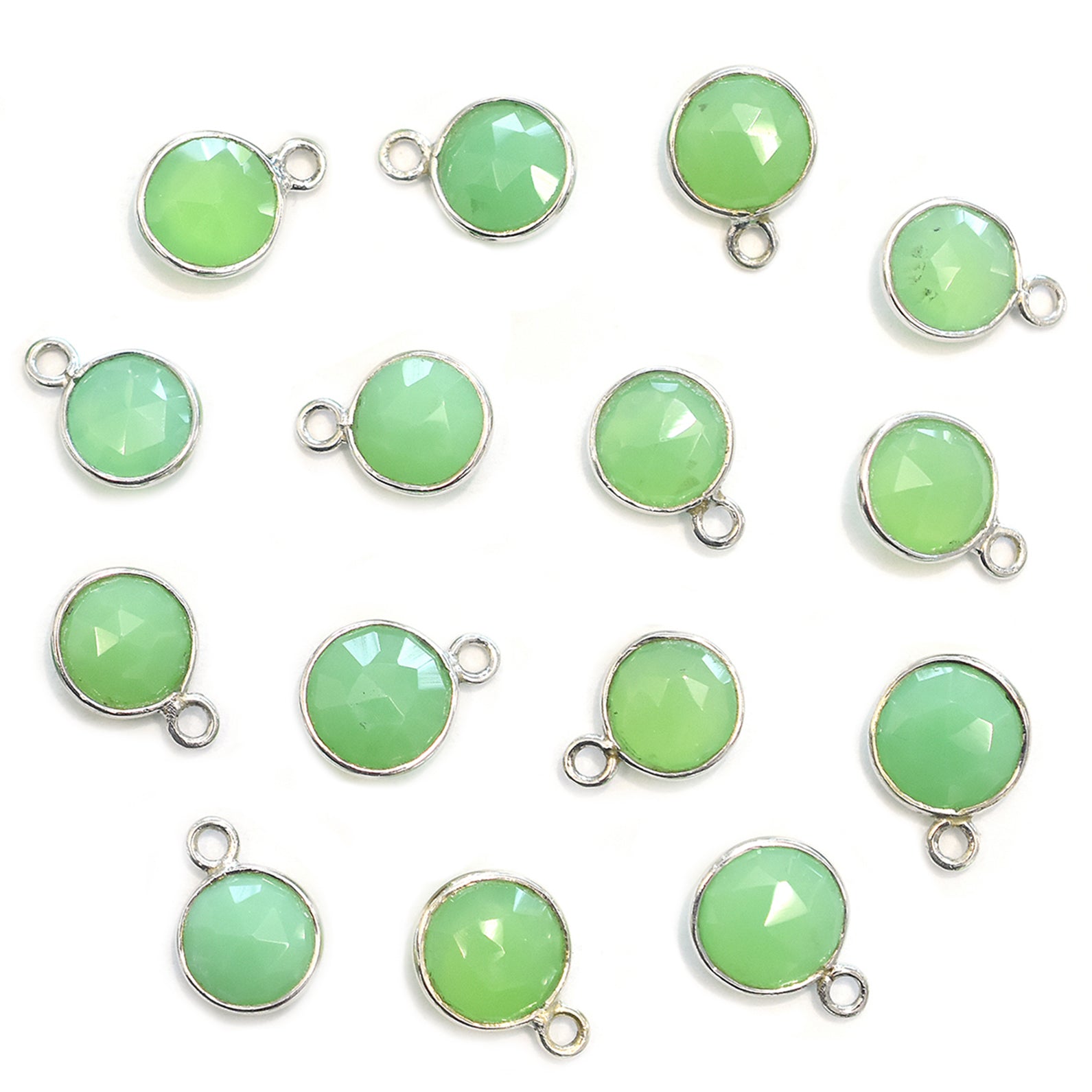 Chrysoprase Chalcedony 8 MM Round Shape Silver Bezel Rhodium Plated Pendant (Set Of 2 Pcs) - Jaipur Gem Factory