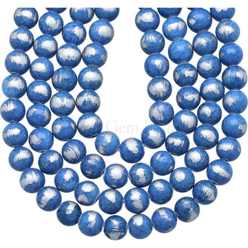 8 MM Denim Blue With Silver Foil Jade Smooth Round Beads 15 Inches Strand