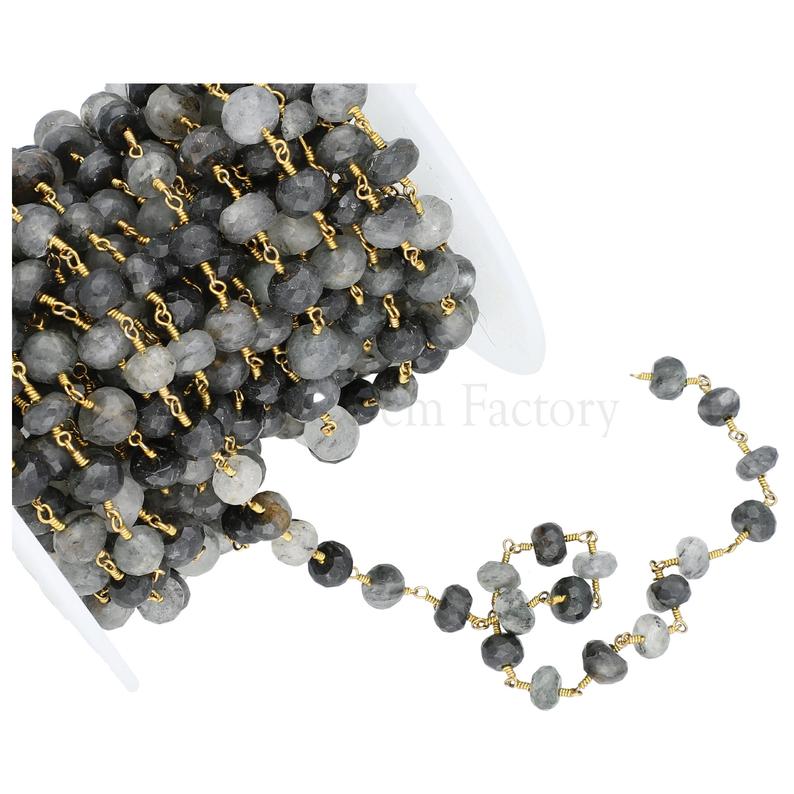 Faceted tourmaline quartz rondelle wire wrapped chain