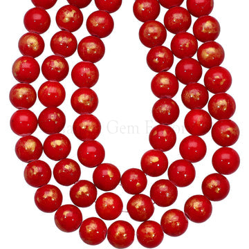 8 MM Gold Leafed Red Jade Smooth Round Beads 15 Inches Strand