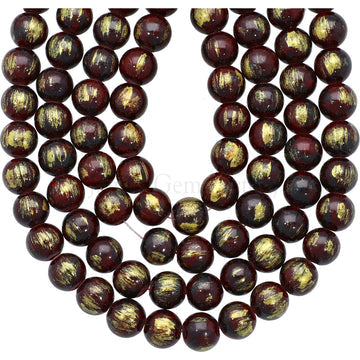 8 MM Gold Leafed Dyed Maroon Jade Smooth Round Beads 15 Inches Strand