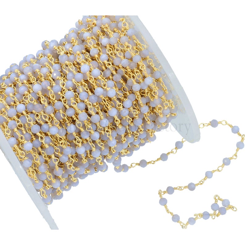 Gold Plated Wire Wrapped Beads Chain with Blue Lace Agate
