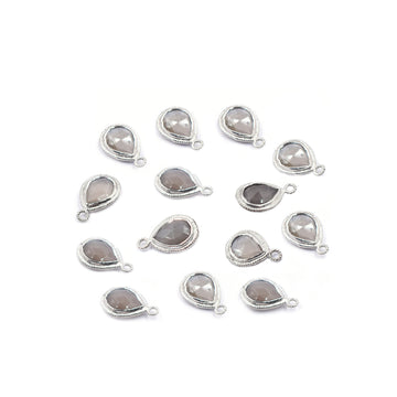 Gray Moonstone 9X7 MM Pear Shape Twisted Wire Silver Bezel Rhodium Plated Pendant (Set Of 2 Pcs) - Jaipur Gem Factory