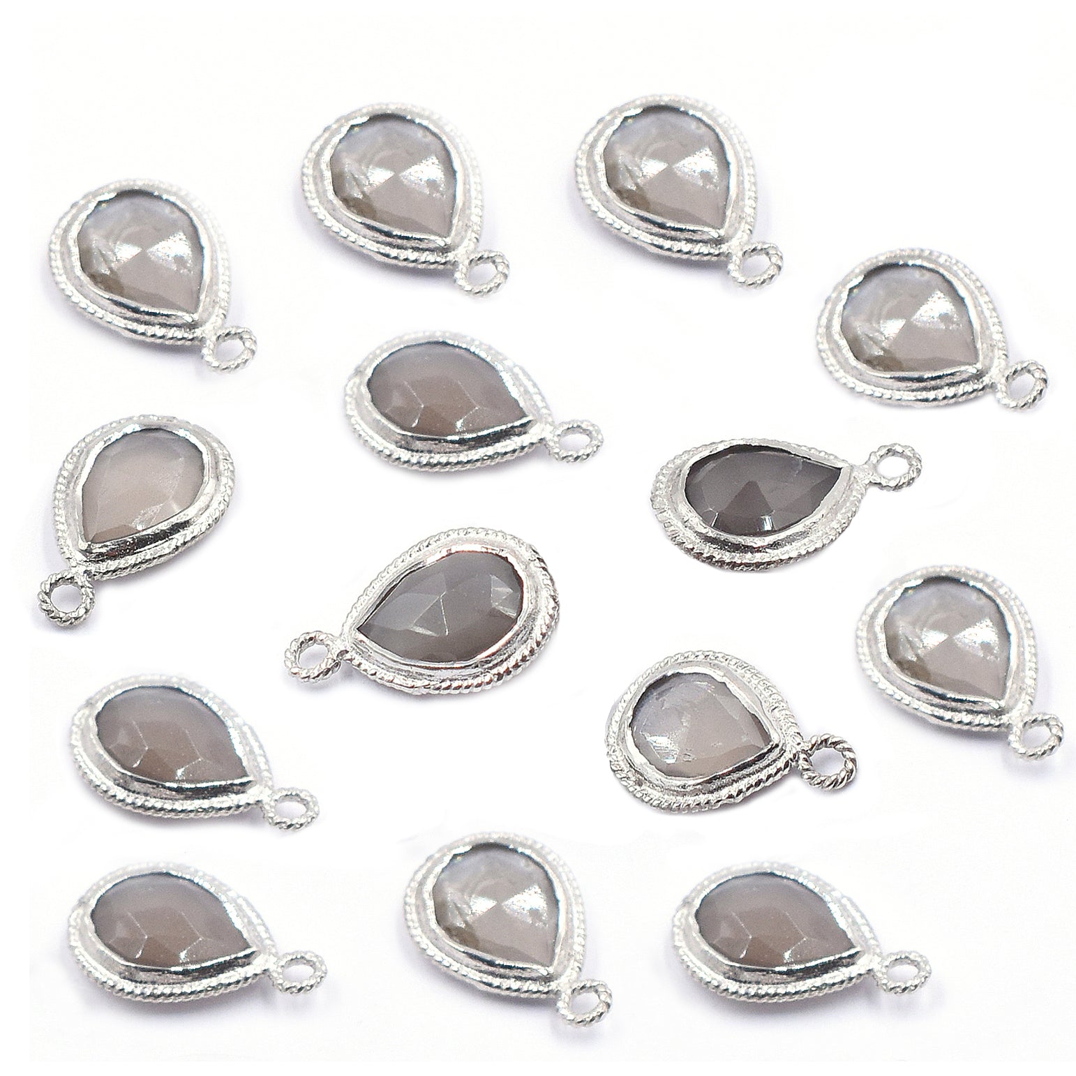 Gray Moonstone 9X7 MM Pear Shape Twisted Wire Silver Bezel Rhodium Plated Pendant (Set Of 2 Pcs) - Jaipur Gem Factory