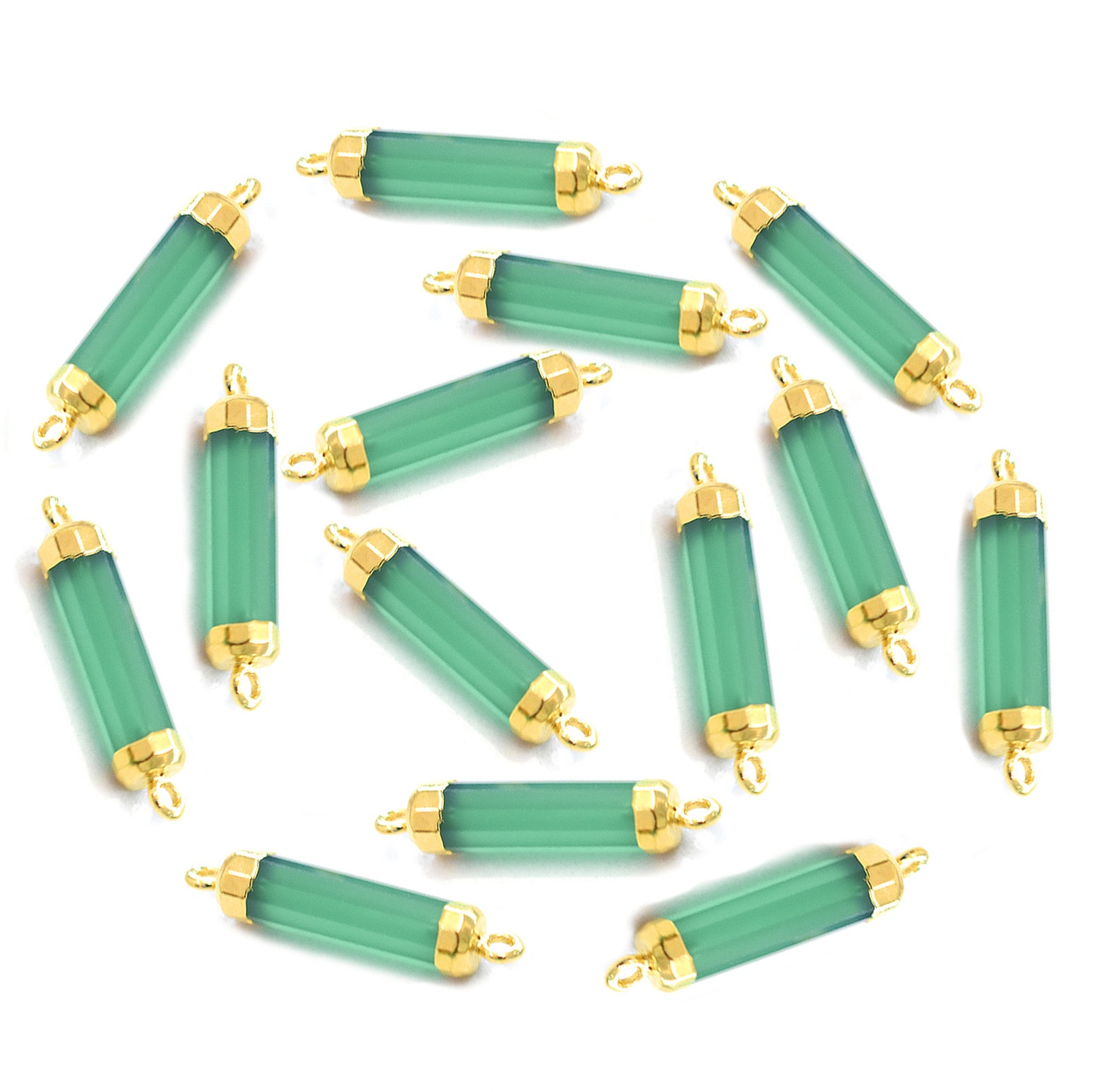 Barrel shaped Green Onyx connector with gold finish.