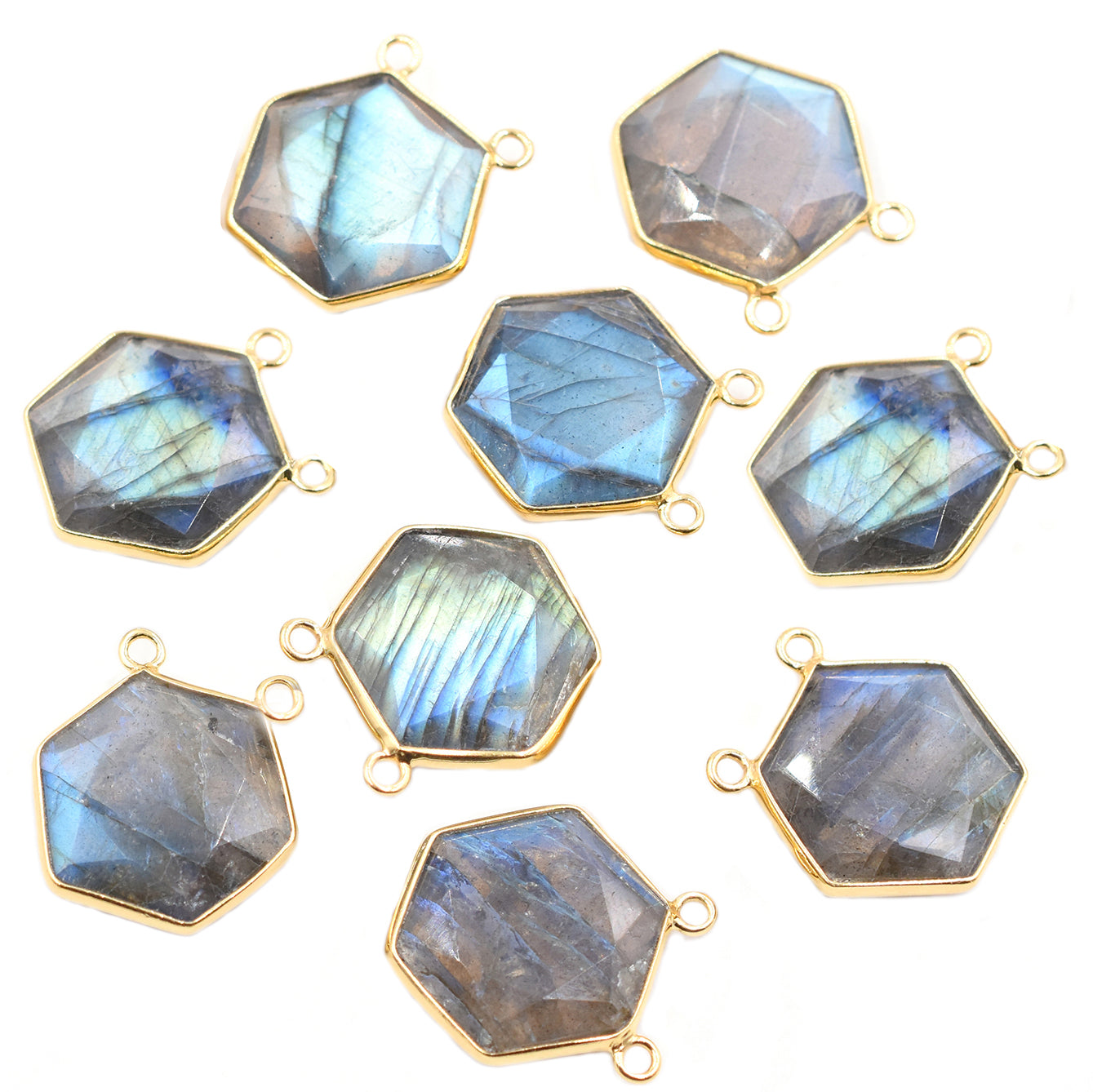 Hexagon-shaped labradorite set in silver vermeil pendant