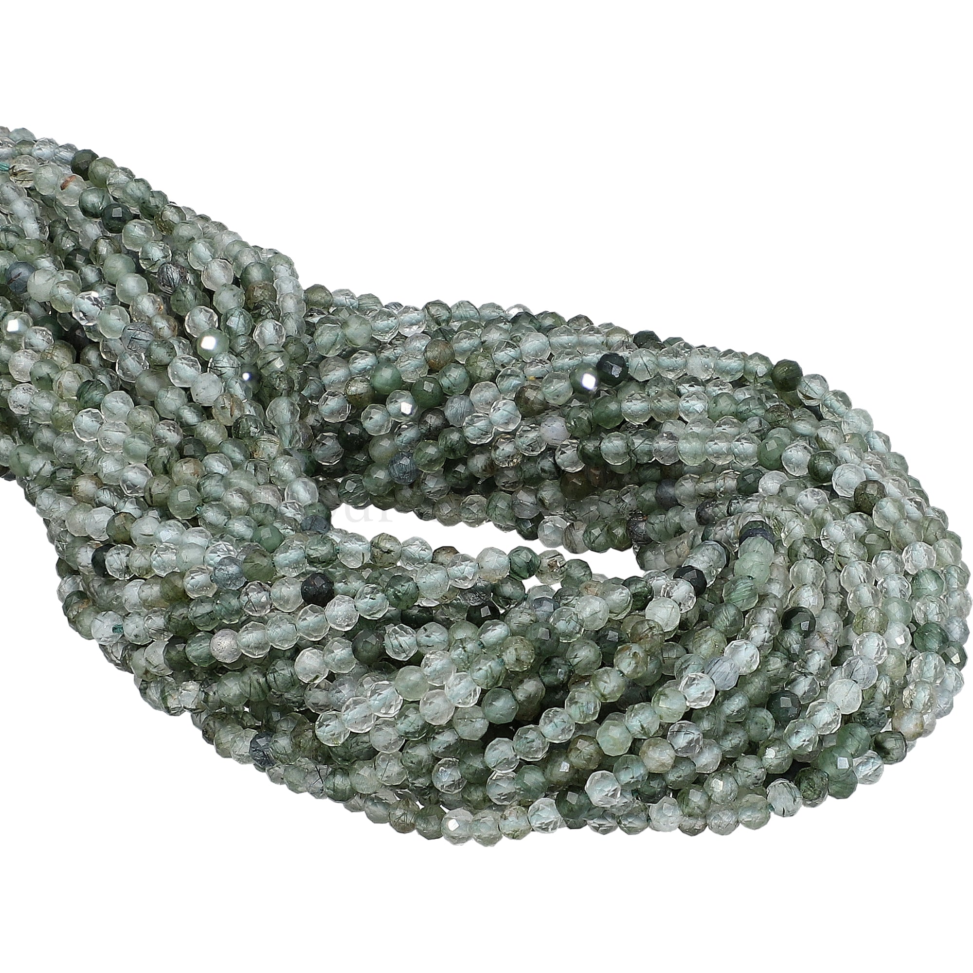 Green Rutilated Quartz Faceted Round Beads