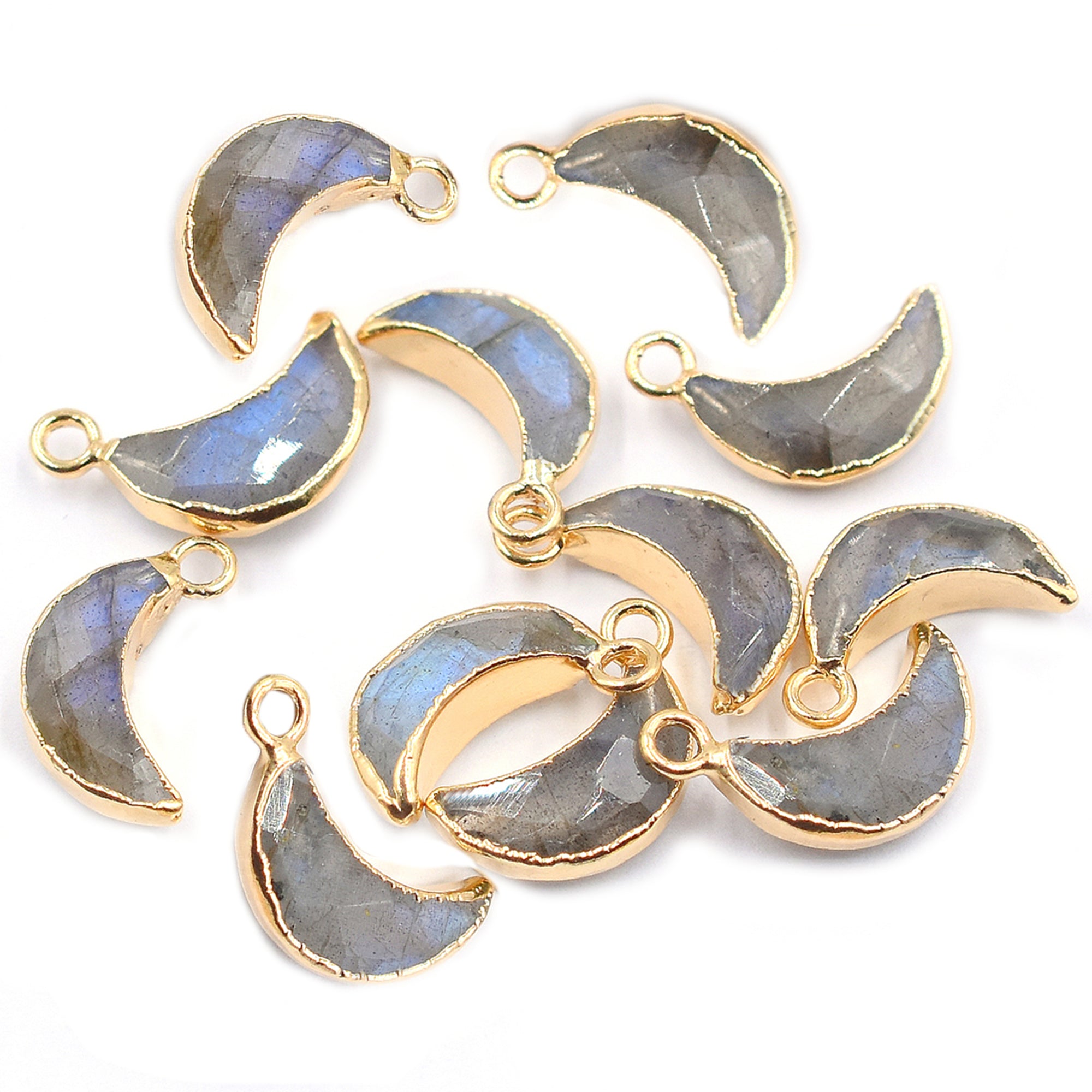 Labradorite Moon Shape 10 x 5 MM Gold Electroplated Pendant (Set Of 2 Pcs)