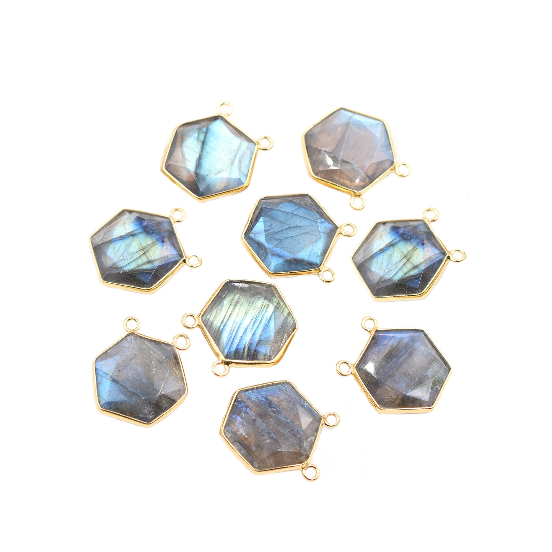 Labradorite hexagon-shaped gemstone in silver vermeil bezel