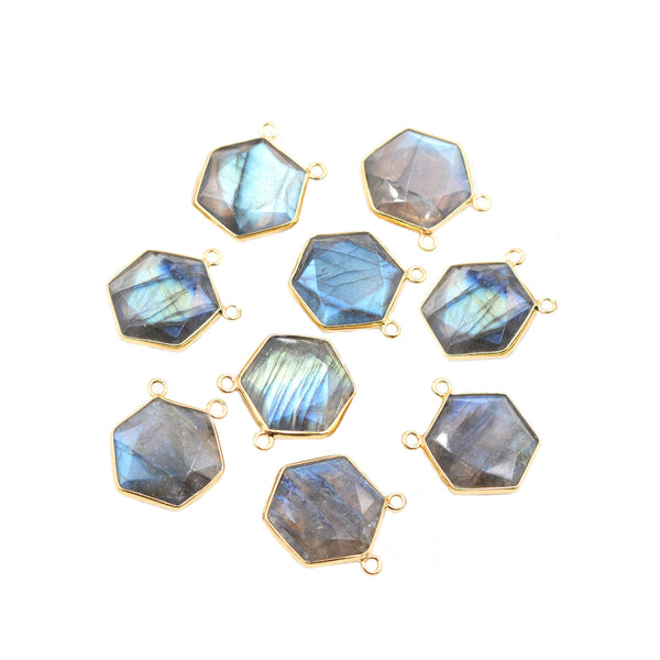 Labradorite hexagon-shaped gemstone in silver vermeil bezel