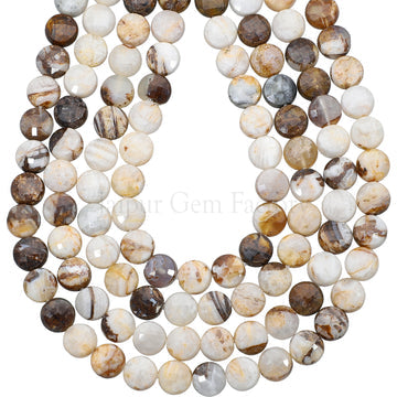 6 MM Petrified Wood Agate Faceted Coin Beads 15 Inches Strand