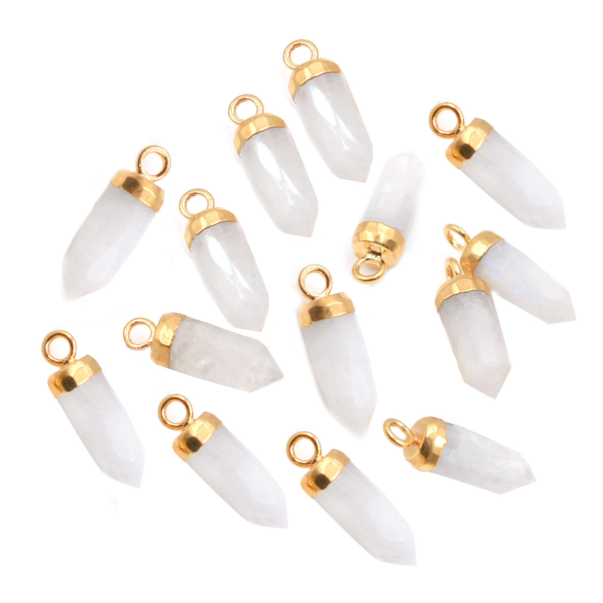 Rainbow Moonstone Bullet Shape 13 x 5 MM Gold Electroplated Pendant (Set Of 2 Pcs)