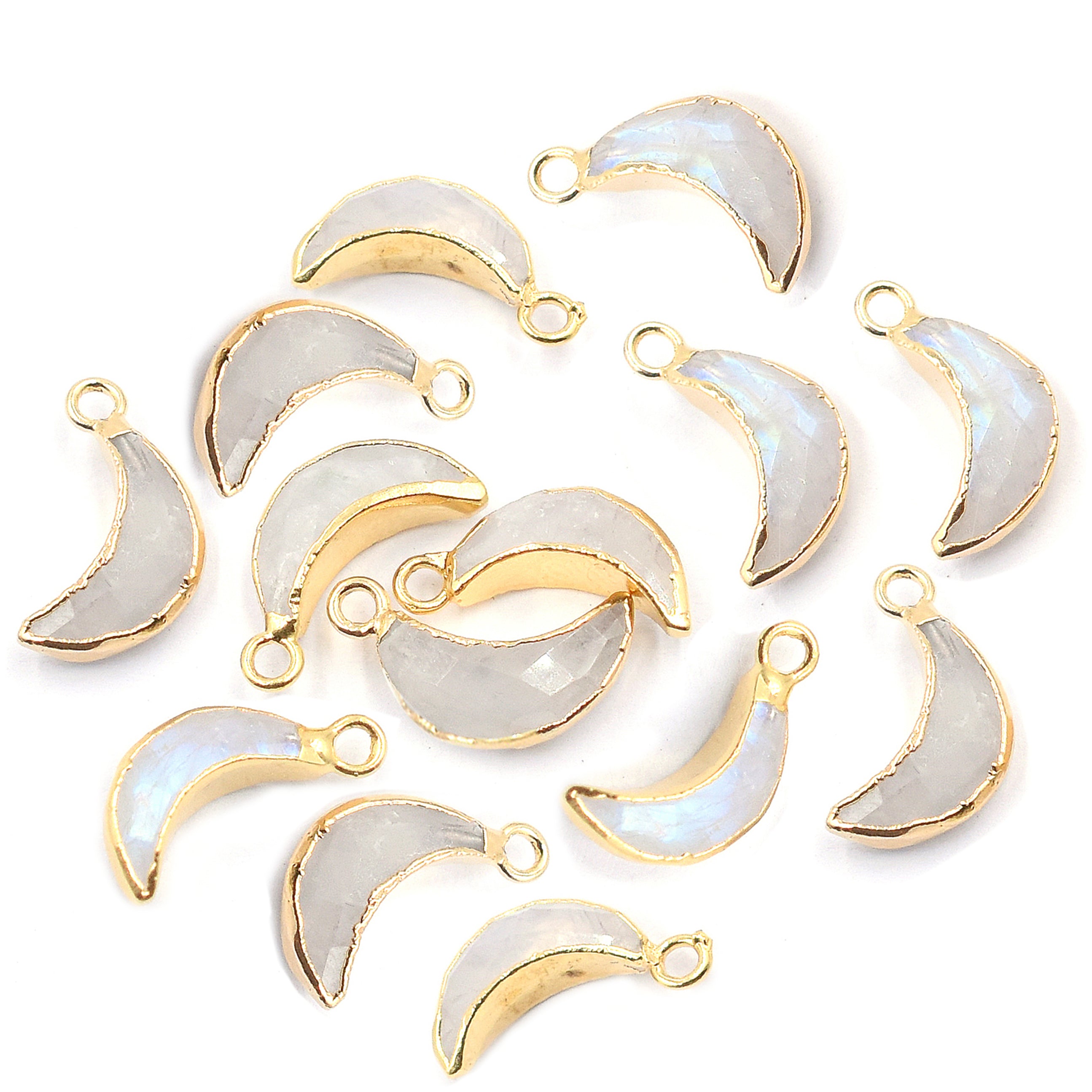 Rainbow Moonstone Moon Shape 10 x 5 MM Gold Electroplated Pendant (Set Of 2 Pcs)