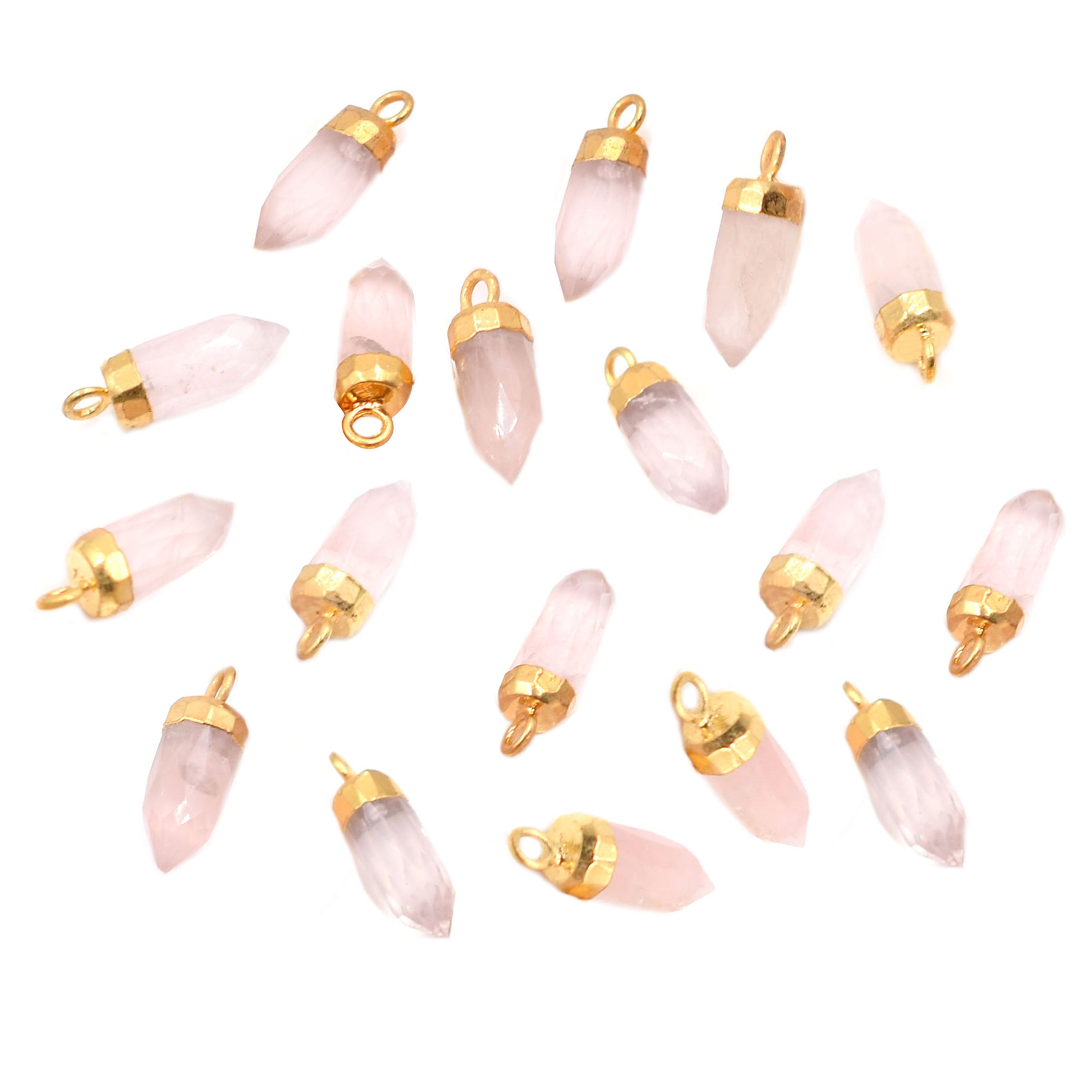 Rose Quartz Bullet Shape 13 x 5 MM Gold Electroplated Pendant  (Set Of 2 Pcs)