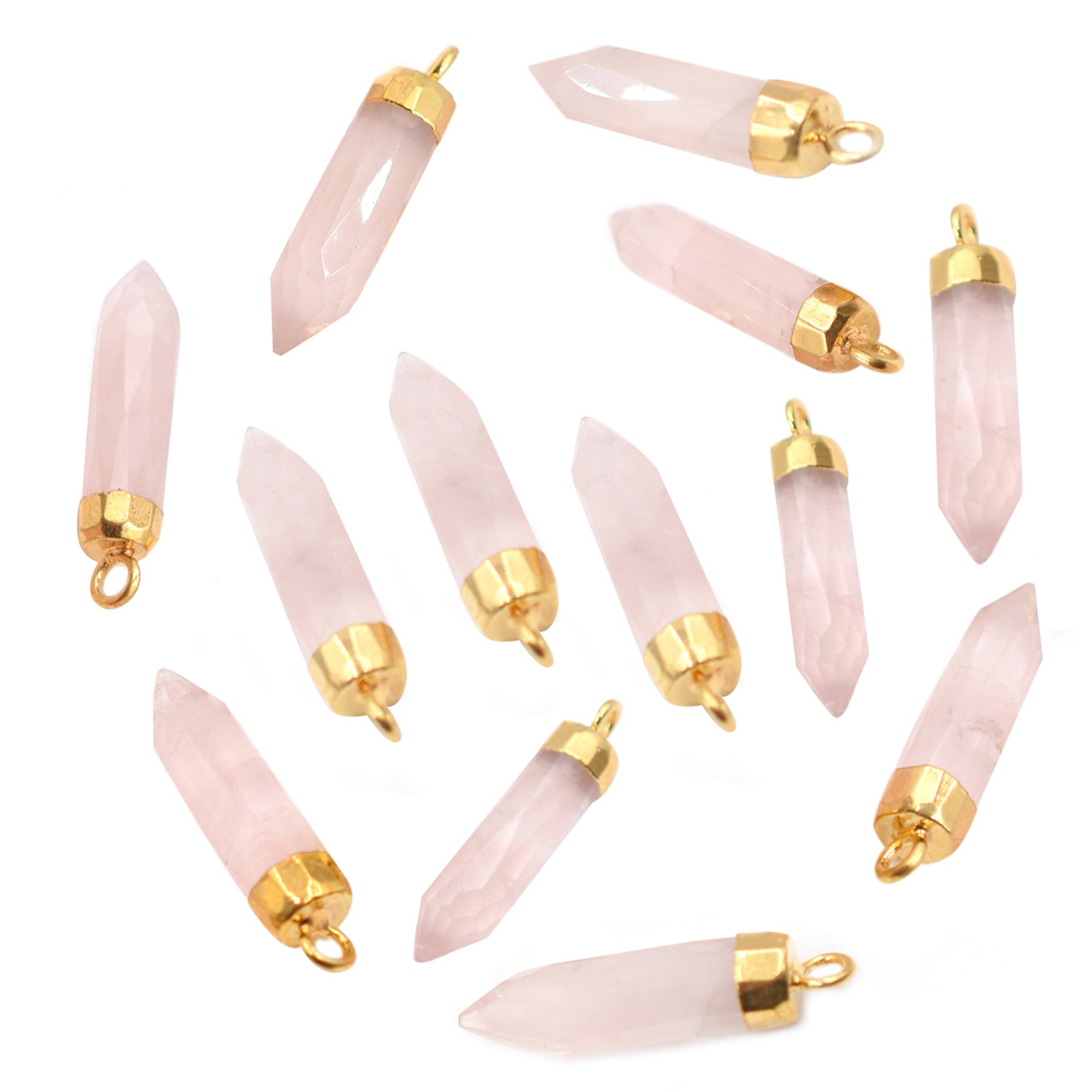 Rose Quartz Bullet Shape 19 x 5 MM Gold Electroplated Pendant