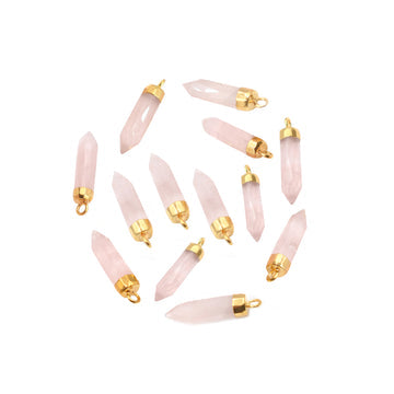 Rose Quartz Bullet Shape 19 x 5 MM Gold Electroplated Pendant